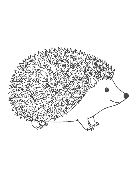 Line drawing of a hedgehog whose spiny back is filled with doodle patterns