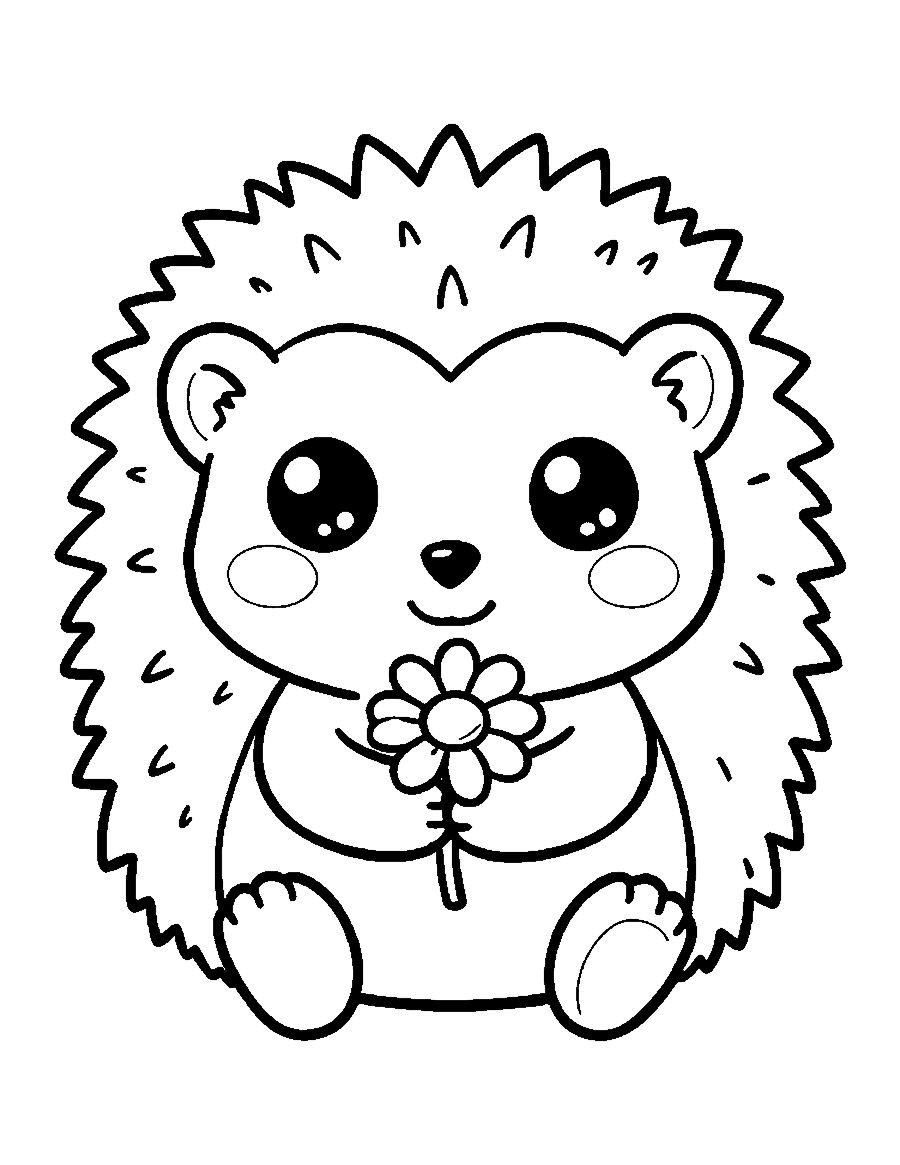 Line drawing of a cute chibi hedgehog holding a daisy