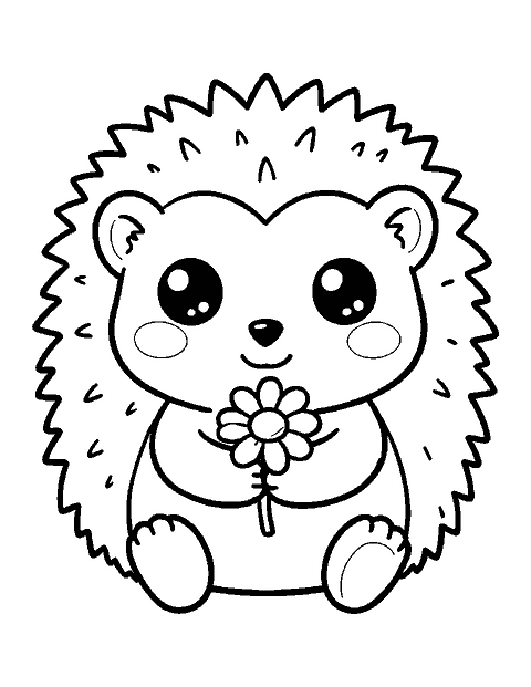 Line drawing of a cute chibi hedgehog holding a daisy