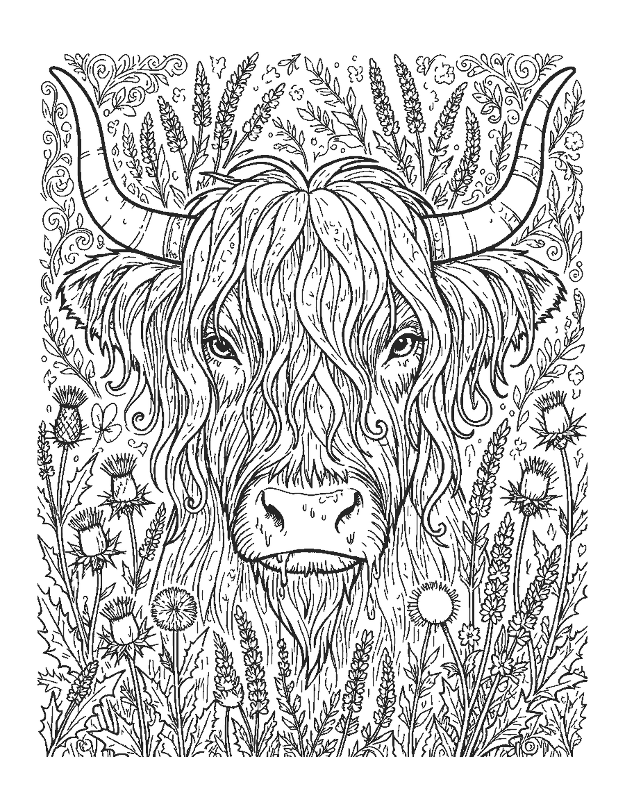 Line drawing close-up of a Highland cow's head with wide horns and a wavy fringe
