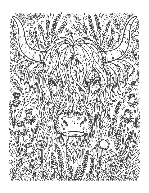Line drawing close-up of a Highland cow's head with wide horns and a wavy fringe