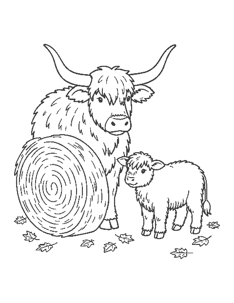 Line drawing of a Highland cow and her calf beside a round hay bale with fallen leaves