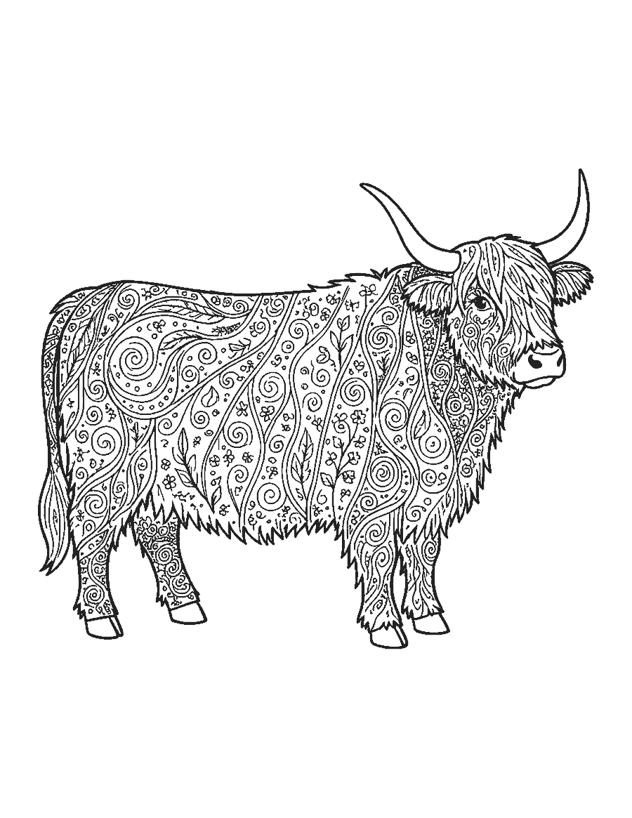 Line drawing of a Highland cow whose shaggy coat is filled with doodle patterns
