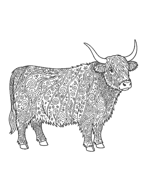 Line drawing of a Highland cow whose shaggy coat is filled with doodle patterns