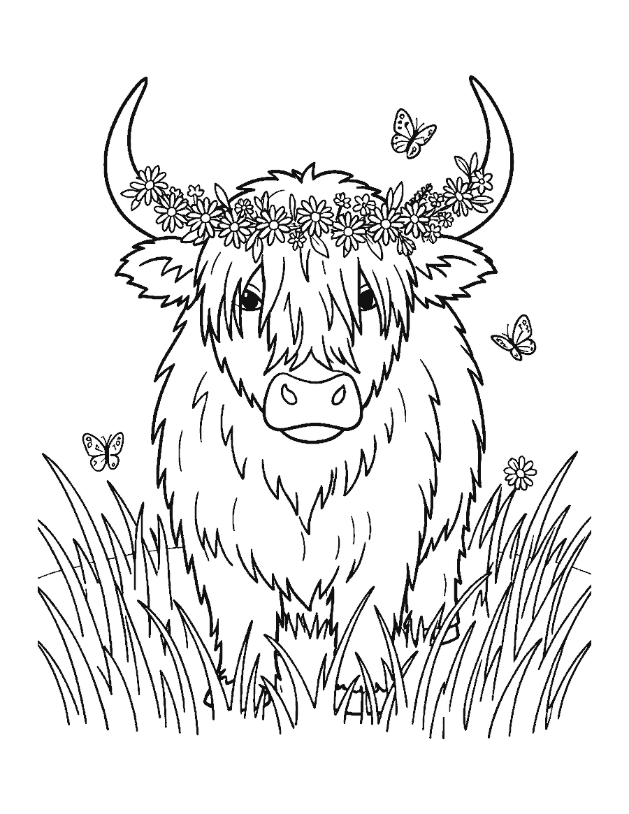 Line drawing of a shaggy Highland cow wearing a crown of daisies between its horns