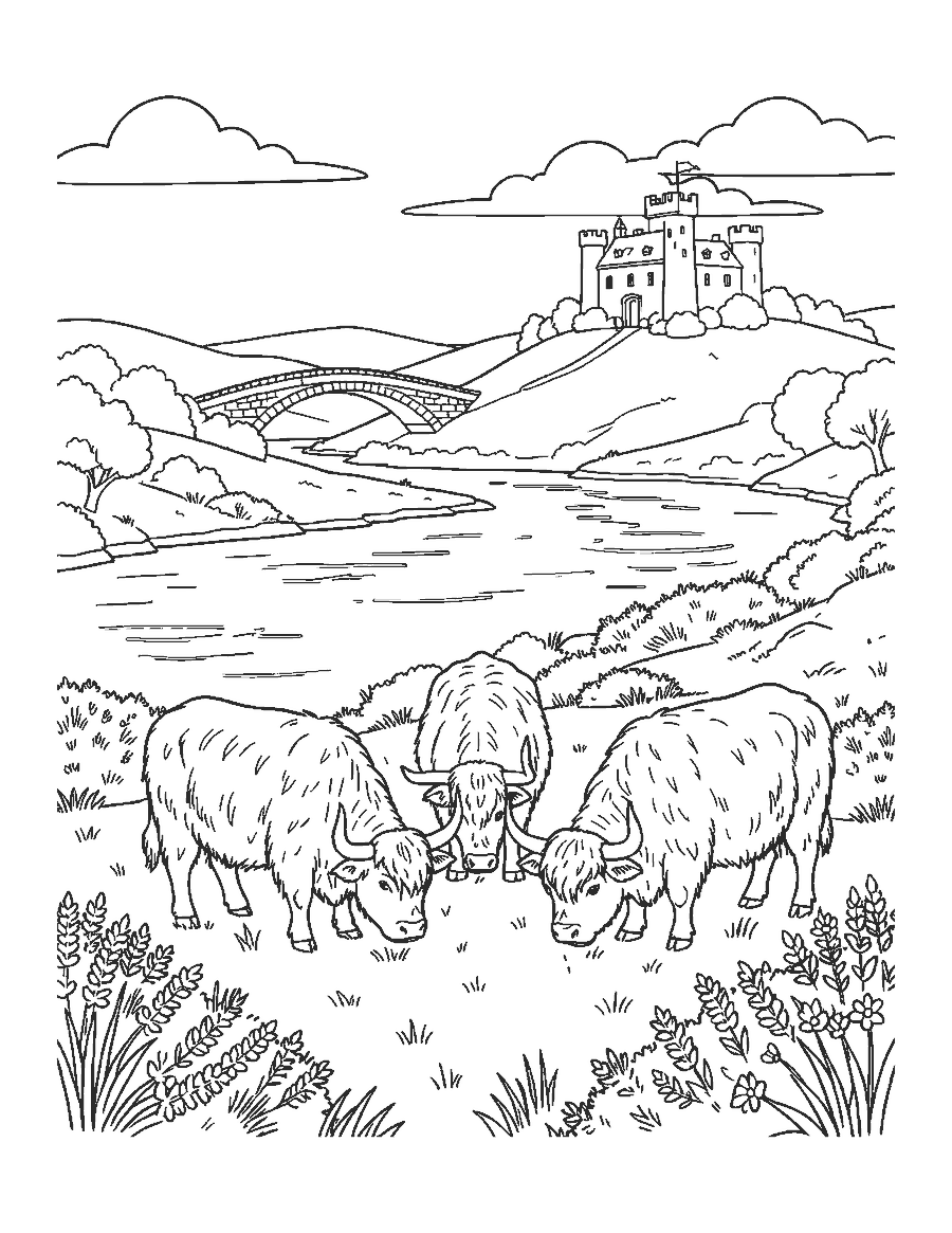 Line drawing of three Highland cows grazing beside a lake with heather and hills