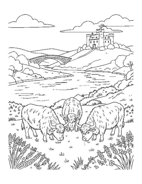 Line drawing of three Highland cows grazing beside a lake with heather and hills