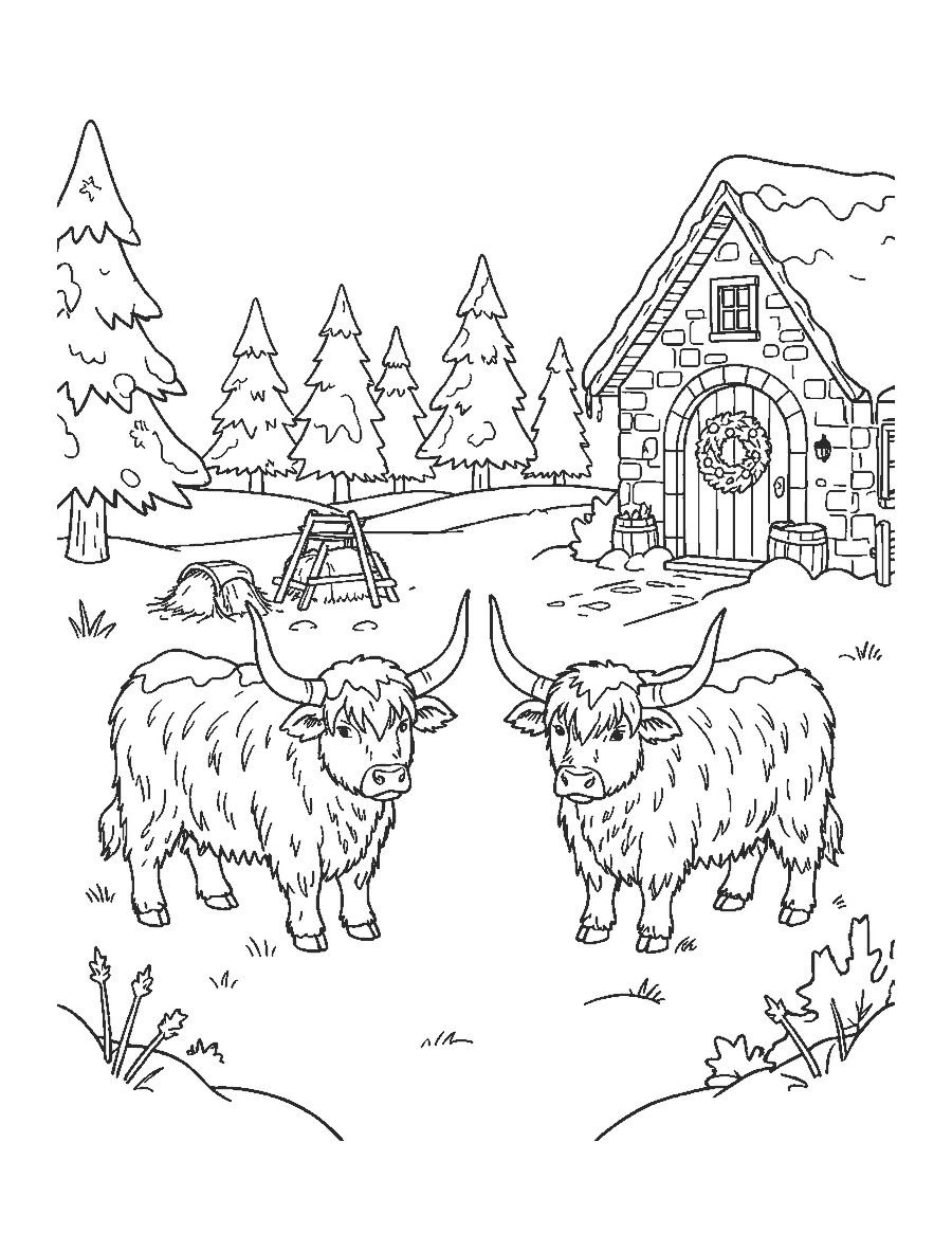 Line drawing of two Highland cows in a snowy pasture by a stone cottage with a wreath