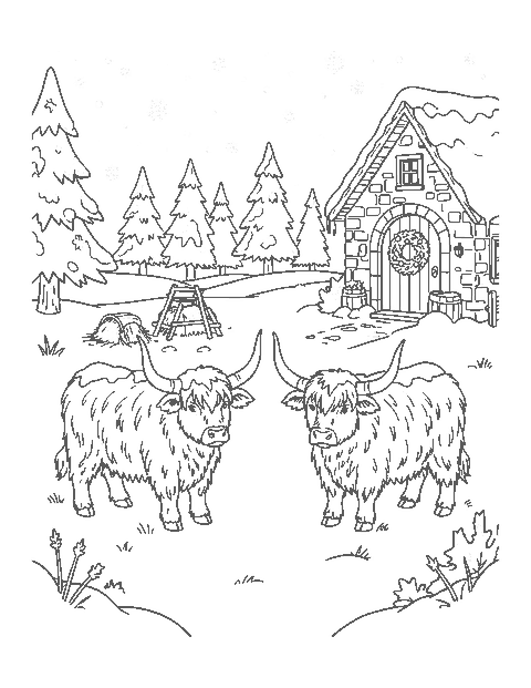 Line drawing of two Highland cows in a snowy pasture by a stone cottage with a wreath