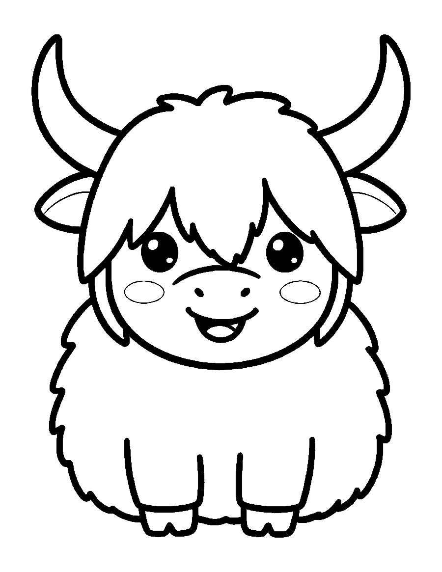 Line drawing of a cute chibi Highland cow with a shaggy fringe and long horns