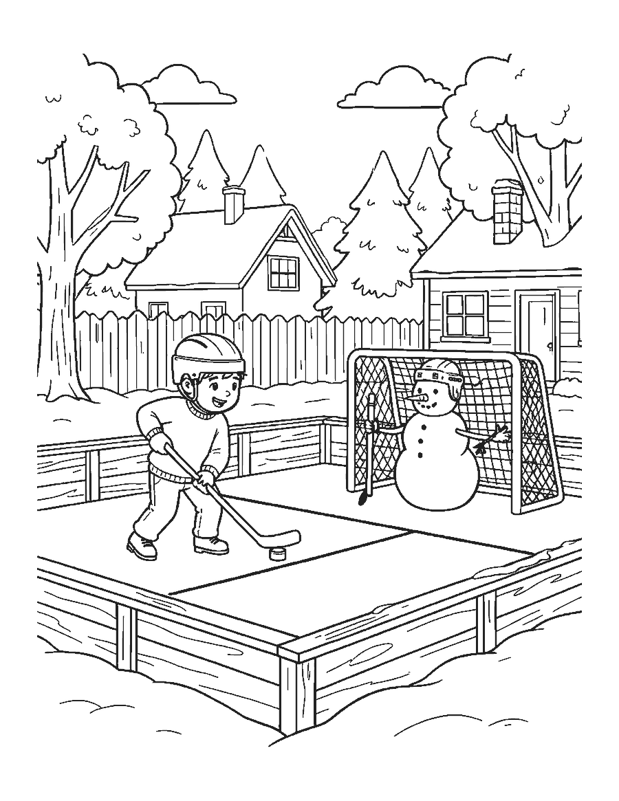 Line drawing of a child shooting a puck at a snowman goalie on a backyard ice rink