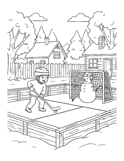 Line drawing of a child shooting a puck at a snowman goalie on a backyard ice rink