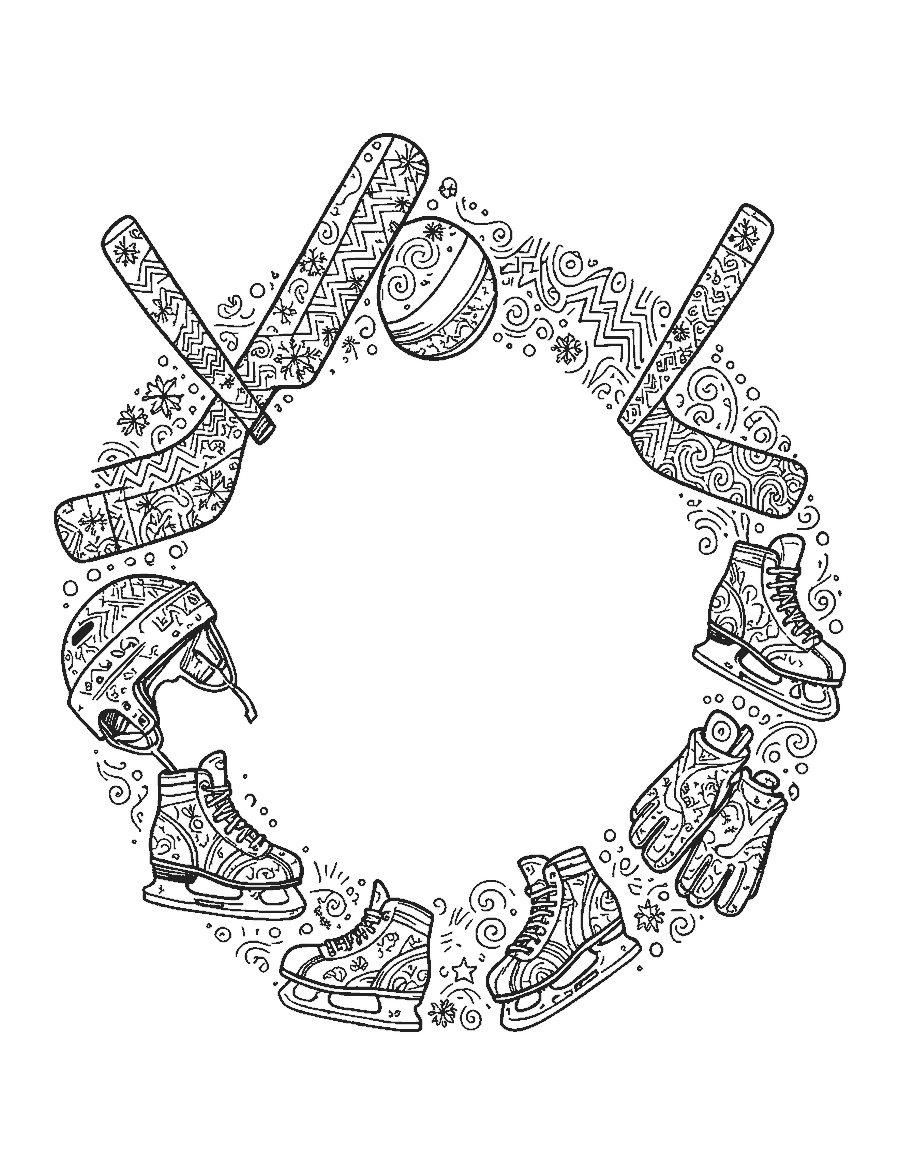 Line drawing of hockey sticks, skates, a helmet and gloves filled with doodle patterns