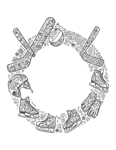 Line drawing of hockey sticks, skates, a helmet and gloves filled with doodle patterns