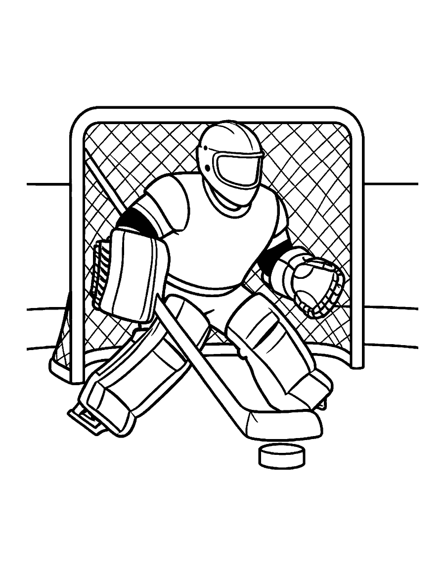 Line drawing of a hockey goalie in big pads crouching in front of the net