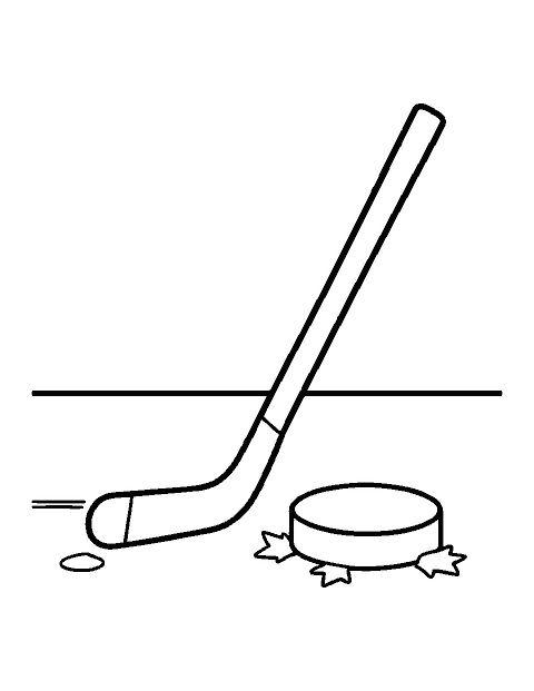 Line drawing of a hockey stick with a curved blade beside a puck on the ice