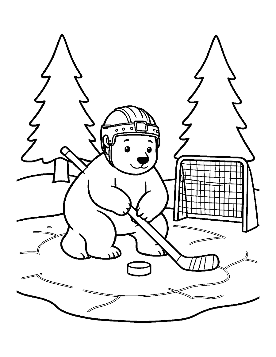 Line drawing of a polar bear cub in a helmet pushing a hockey puck across an icy pond