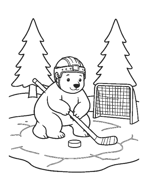 Line drawing of a polar bear cub in a helmet pushing a hockey puck across an icy pond