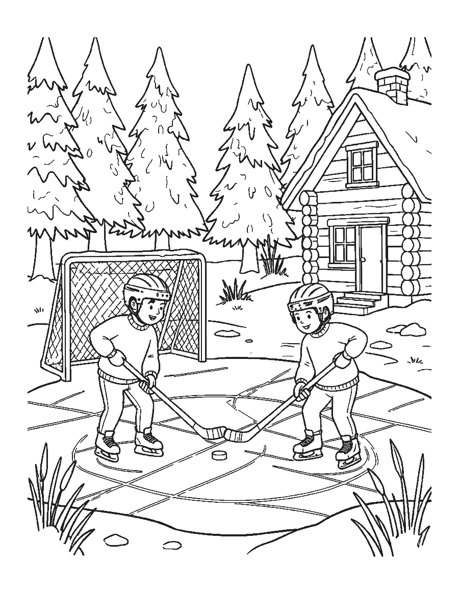 Line drawing of two kids playing pond hockey near a log cabin in a snowy forest