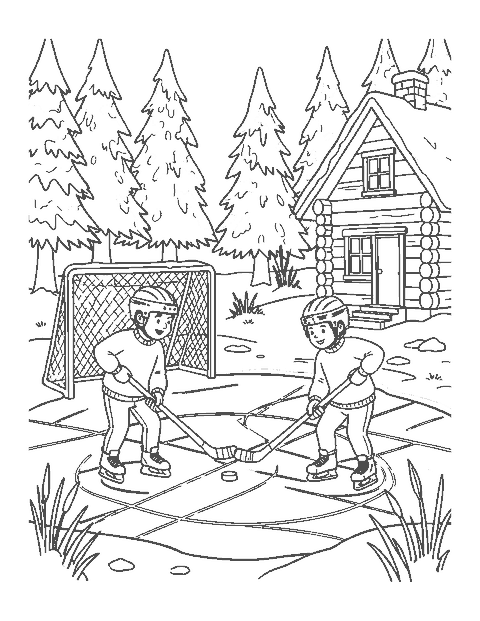 Line drawing of two kids playing pond hockey near a log cabin in a snowy forest