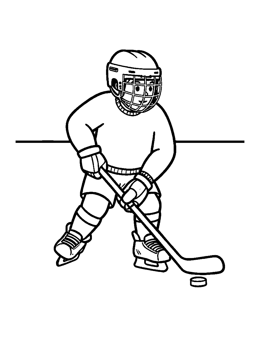 Line drawing of a young hockey player in a helmet skating with a stick and puck
