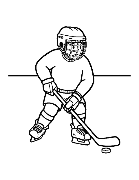 Line drawing of a young hockey player in a helmet skating with a stick and puck