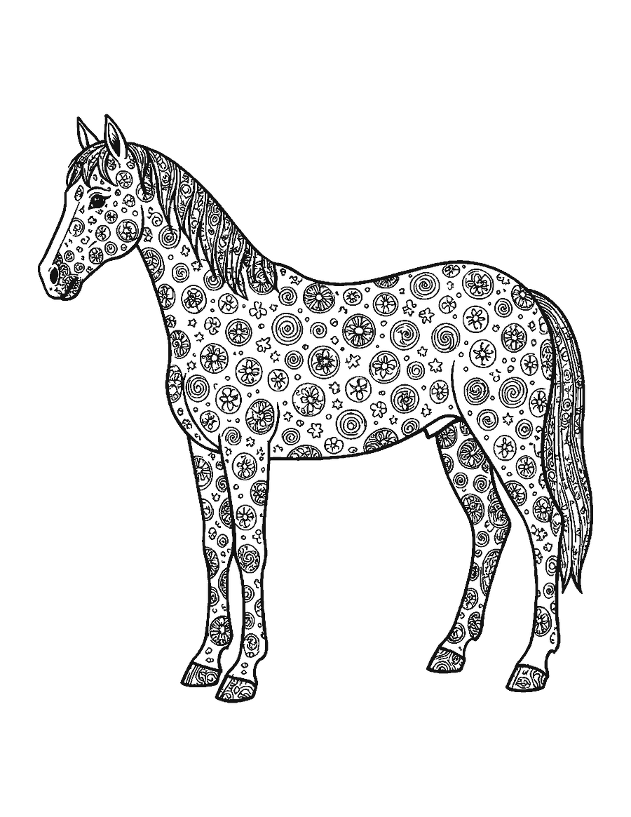 Line drawing of an Appaloosa horse whose round spots are filled with tiny patterns