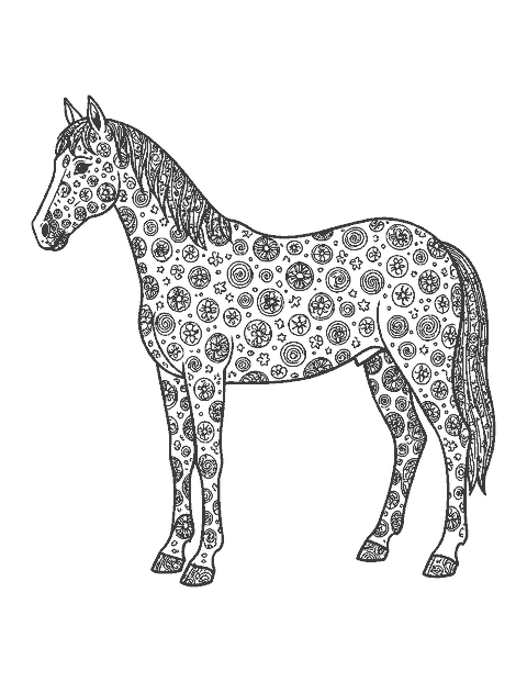 Line drawing of an Appaloosa horse whose round spots are filled with tiny patterns