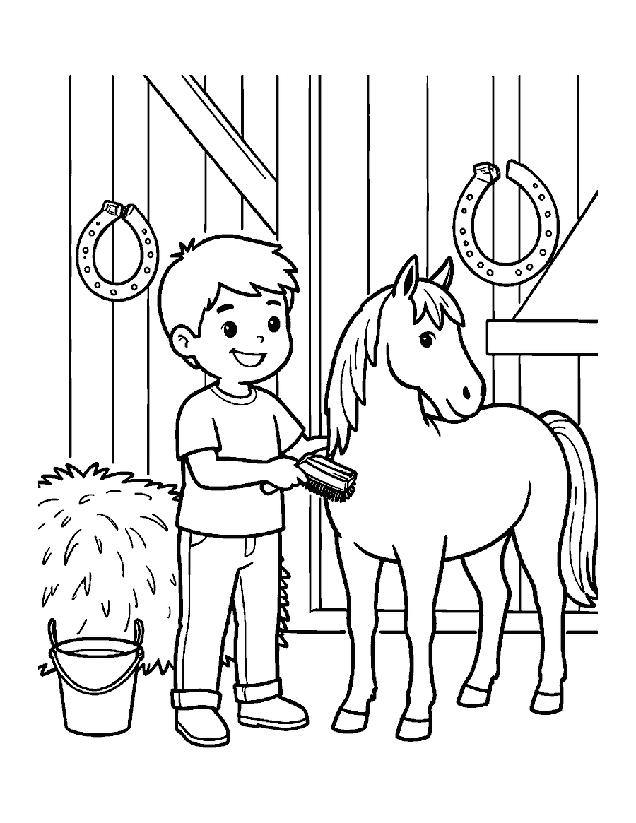 Line drawing of a child grooming a pony with a brush inside a stable