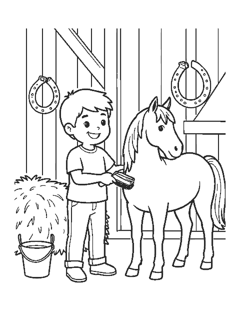 Line drawing of a child grooming a pony with a brush inside a stable