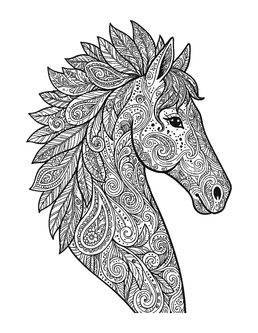 Line drawing of a horse head in profile filled with doodle patterns and a paisley mane