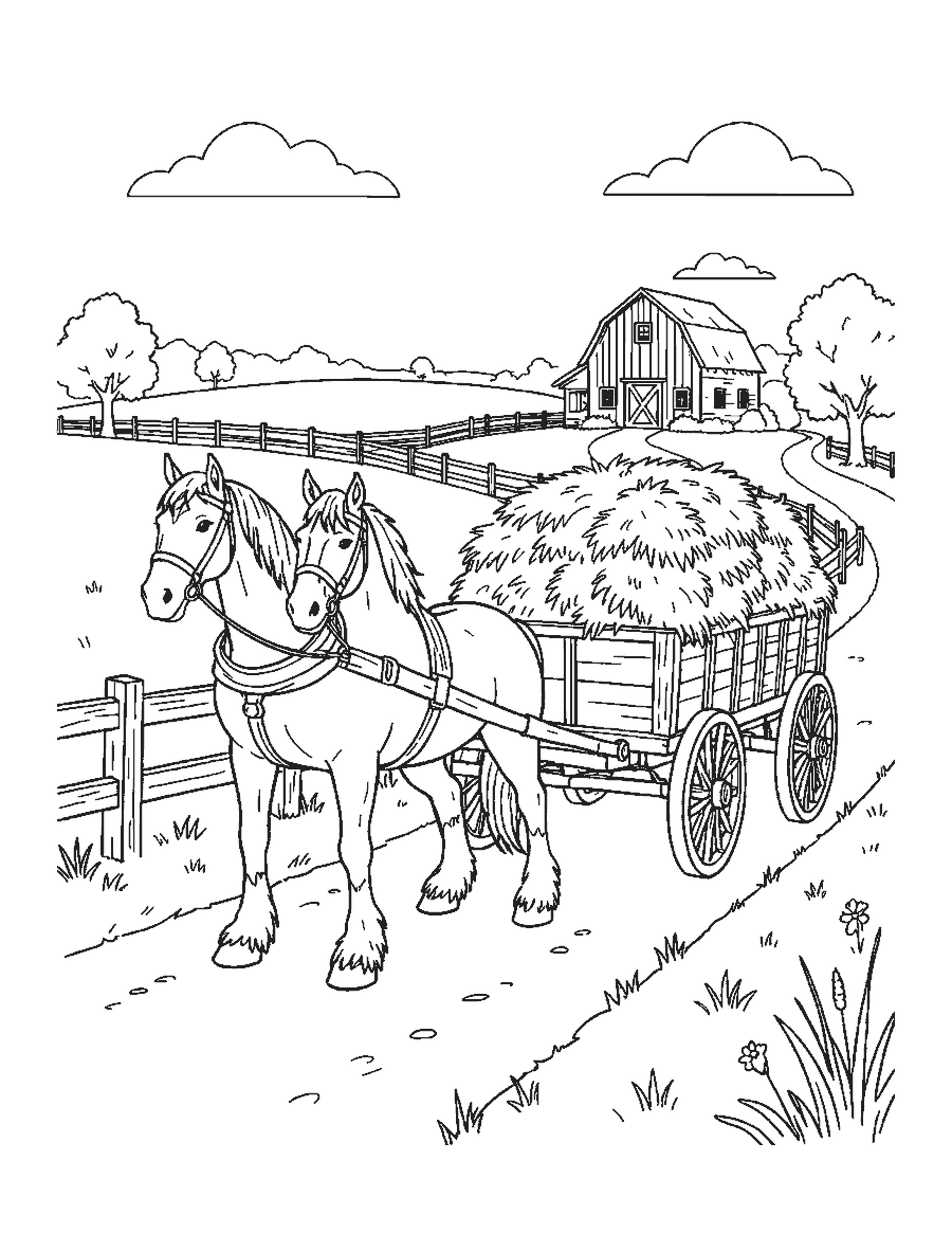 Line drawing of two draft horses pulling a hay wagon down a country lane