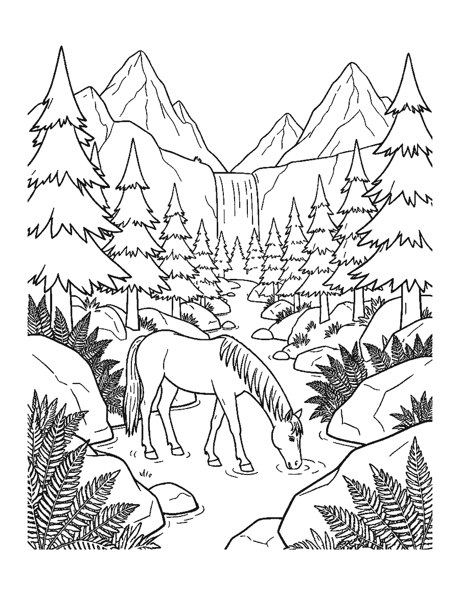 Line drawing of a horse drinking from a rocky stream with pines and a waterfall