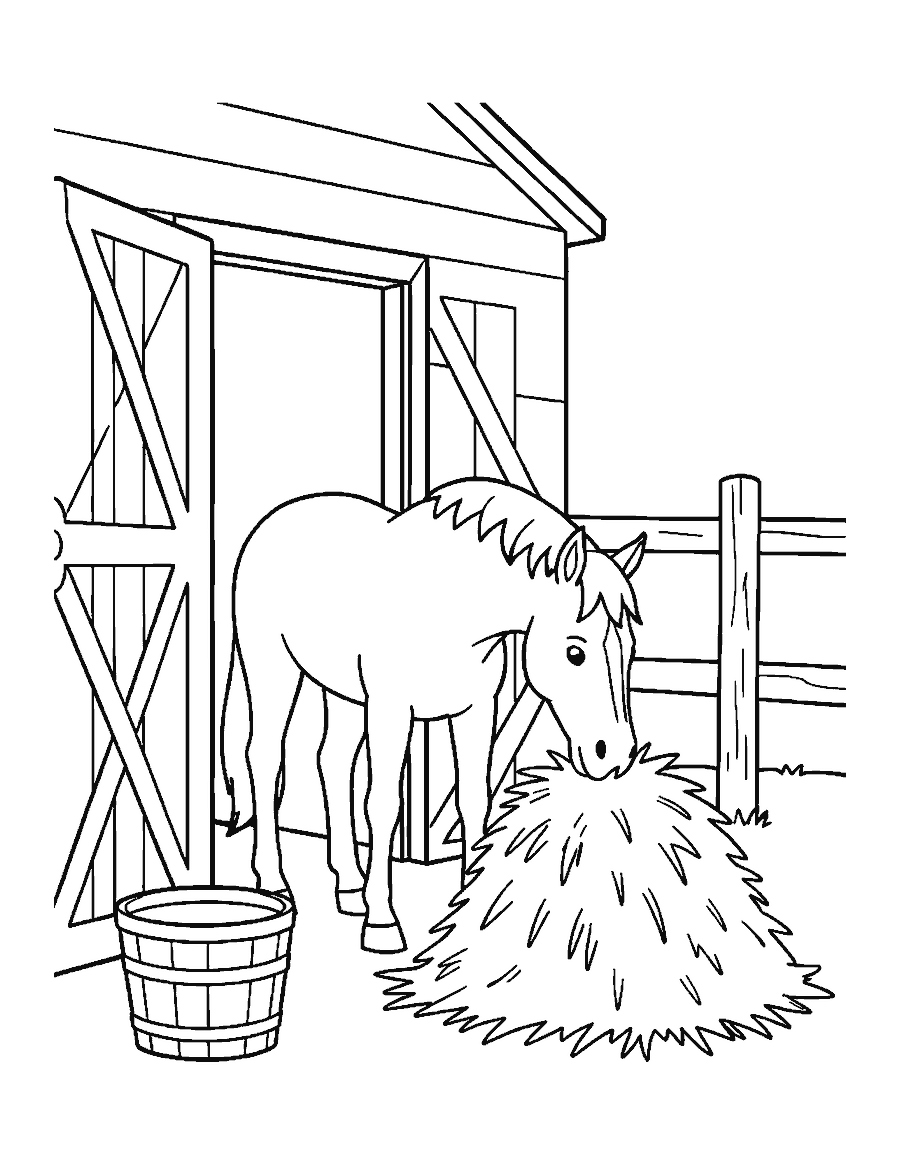 Line drawing of a horse eating hay next to an open barn door and a bucket