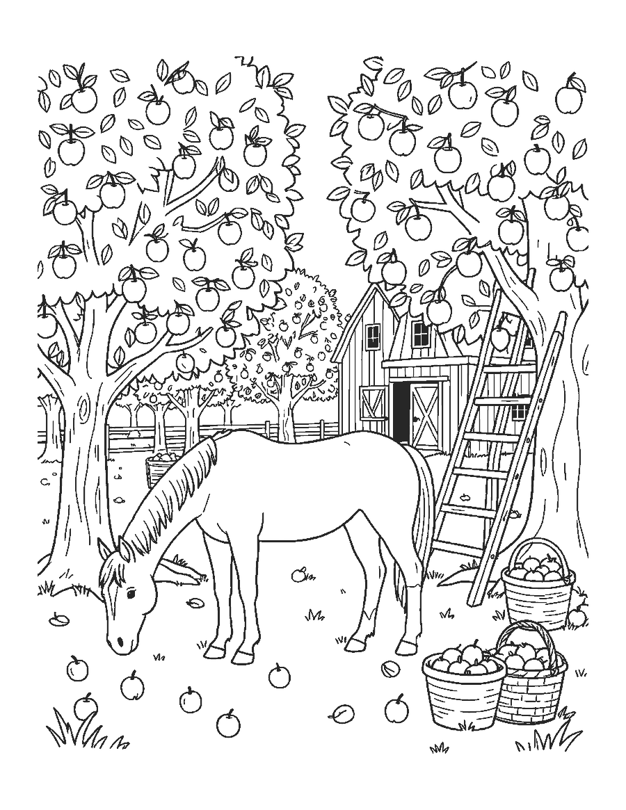 Line drawing of a horse grazing in an apple orchard with a ladder, baskets of apples and a barn