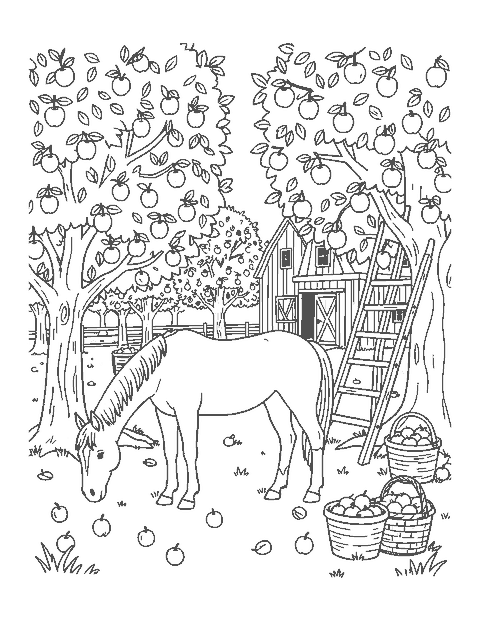 Line drawing of a horse grazing in an apple orchard with a ladder, baskets of apples and a barn