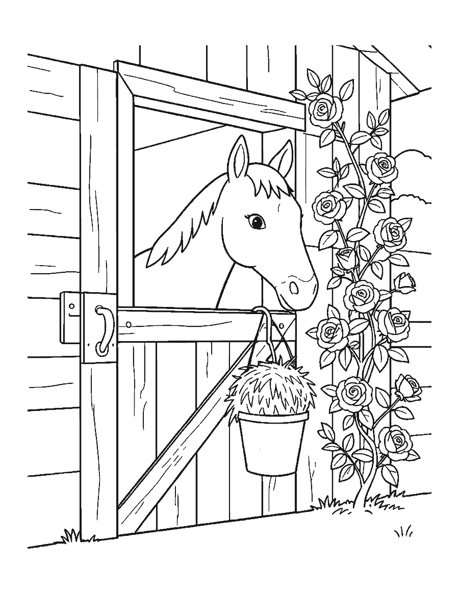 Line drawing of a horse looking out over a stable half door beside a hay net and a climbing rose