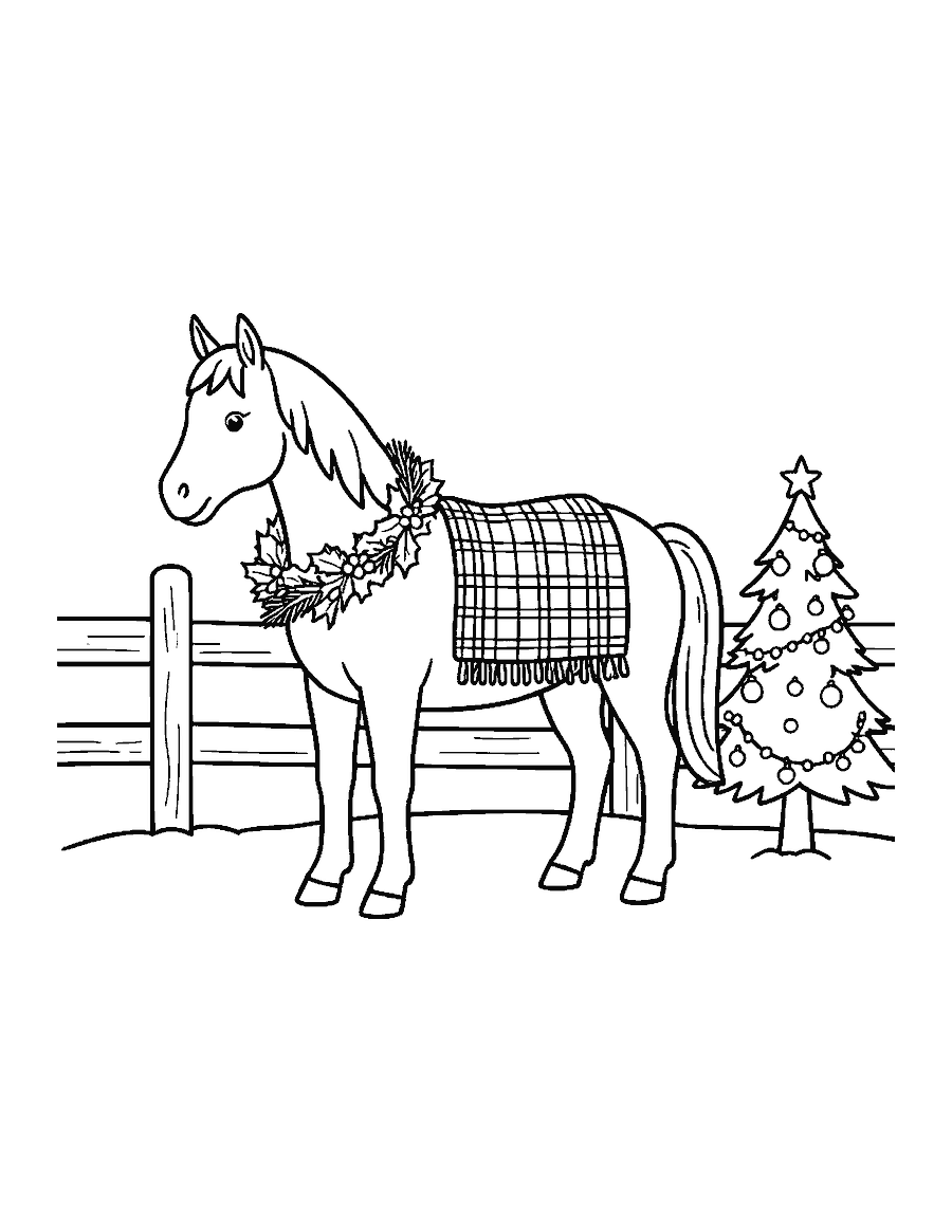 Line drawing of a horse with a holly wreath around its neck standing in snow by a decorated pine