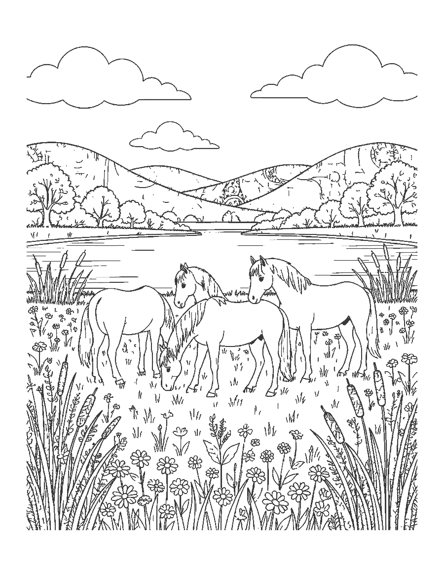 Line drawing of three horses grazing in a wildflower meadow with cattails, a lake and hills
