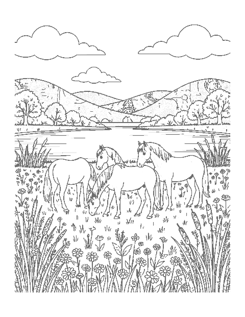 Line drawing of three horses grazing in a wildflower meadow with cattails, a lake and hills