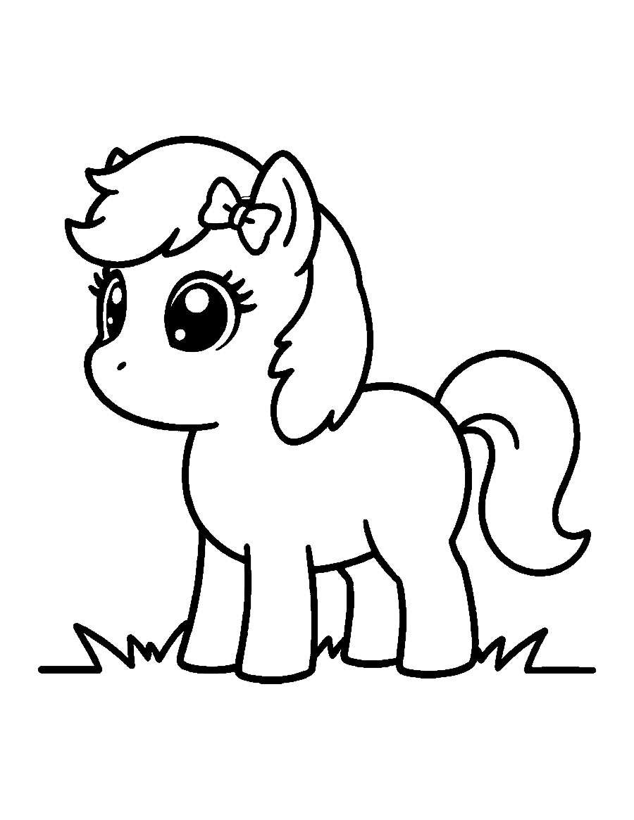 Line drawing of a cute chibi pony with a small bow tied in its fluffy mane