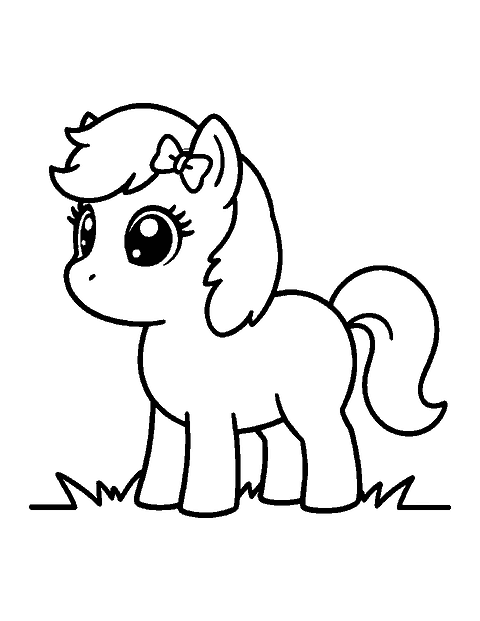 Line drawing of a cute chibi pony with a small bow tied in its fluffy mane