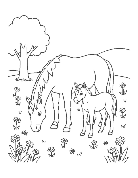 Line drawing of a mare grazing in a meadow with her foal standing beside her