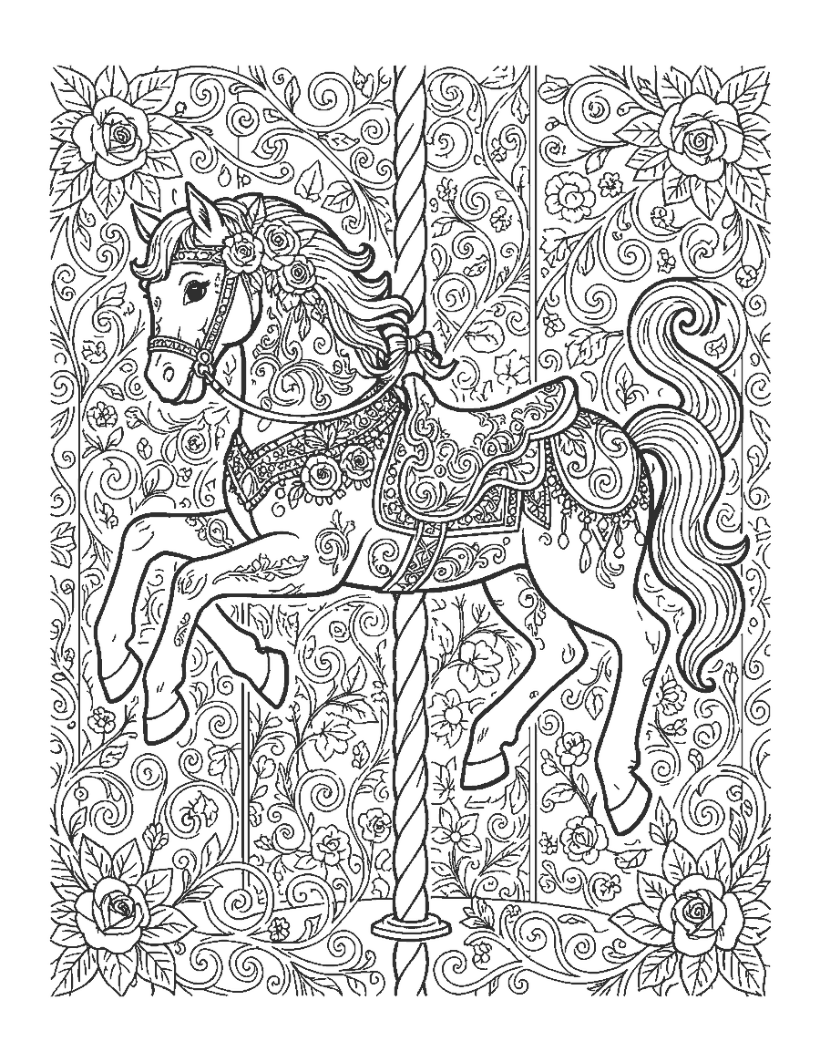 Line drawing of a decorated carousel horse on a pole with a jeweled saddle and roses