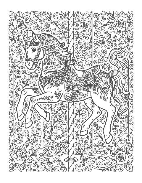 Line drawing of a decorated carousel horse on a pole with a jeweled saddle and roses