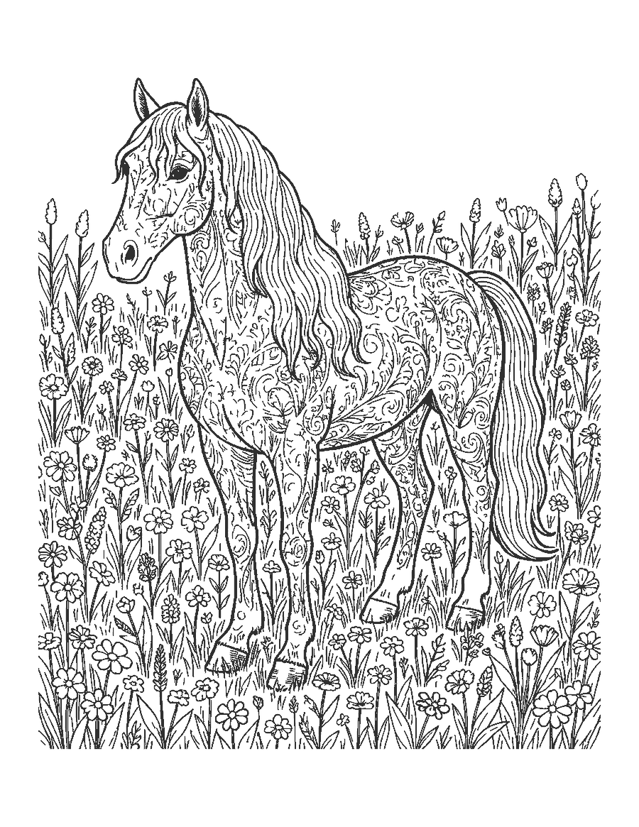 Line drawing of a realistic Andalusian horse with a long wavy mane standing in a wildflower meadow