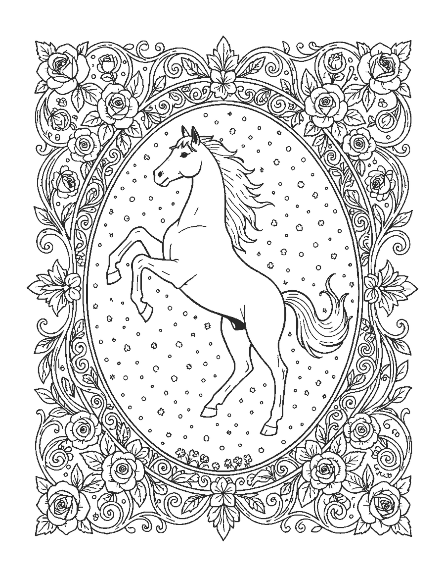 Line drawing of a rearing Arabian horse inside an oval border of roses and vines