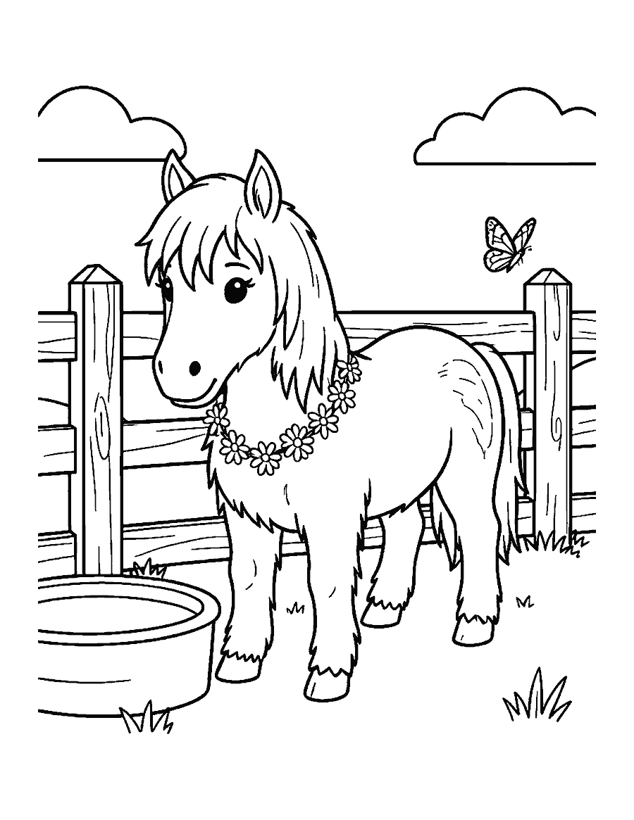 Line drawing of a shaggy Shetland pony with a daisy chain by a fence and water trough