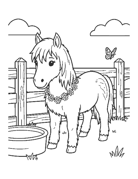 Line drawing of a shaggy Shetland pony with a daisy chain by a fence and water trough