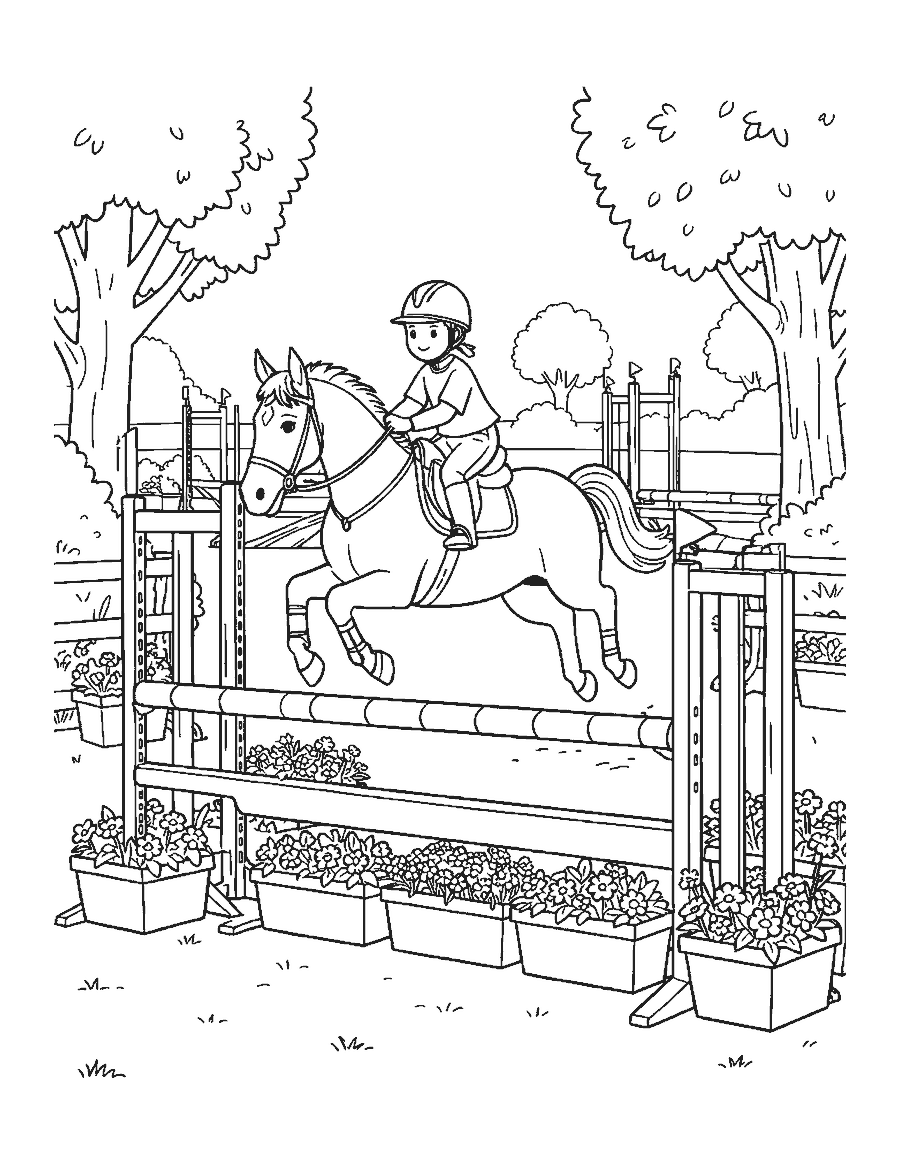 Line drawing of a horse and young rider jumping a striped fence at a show